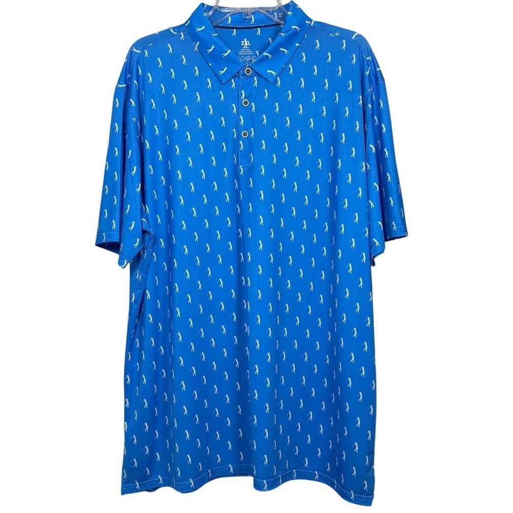 MG Mens Performance Golf Polo Shirt Blue White Golfer Print 2XL Moisture Wicking